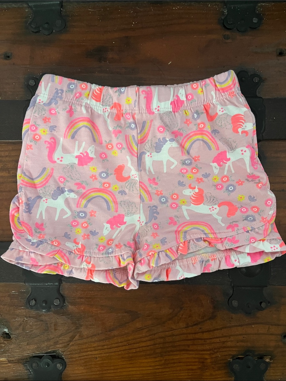 Girls Unicorn & Rainbow Pink Ruffle Shorts, NWOT